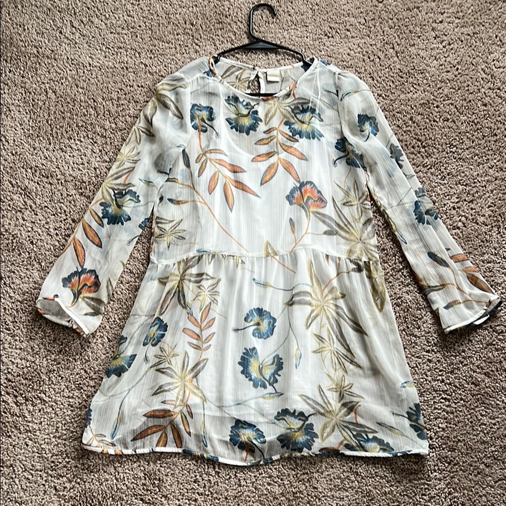 Roxy Cream and Blue Long Sleeve Sundress with Crew Neck
